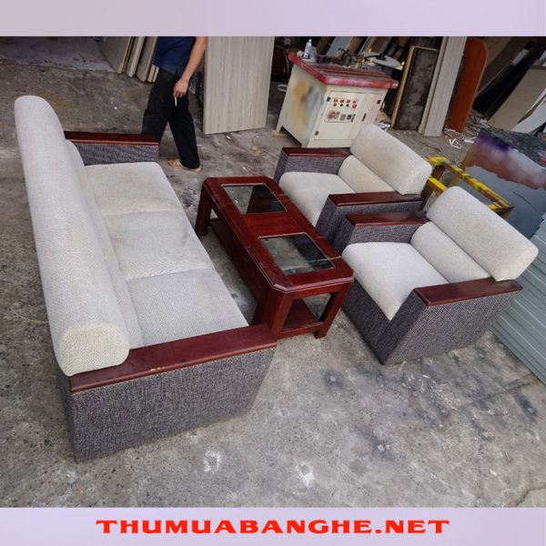 Bộ Sofa Cũ Tay Gỗ Bọc Vải Nỉ Màu Xám -1