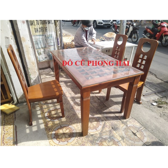 Bộ bàn ăn mặt kính 3 ghế gỗ cũ 1m4x80cm giá rẻ 2