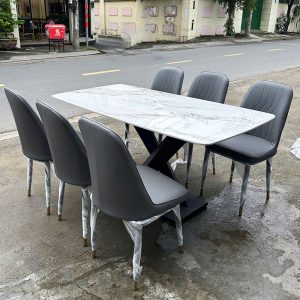 Bộ Bàn Ăn 1m6 Mặt Đá Chân Sắt Chữ X Mới 99%
