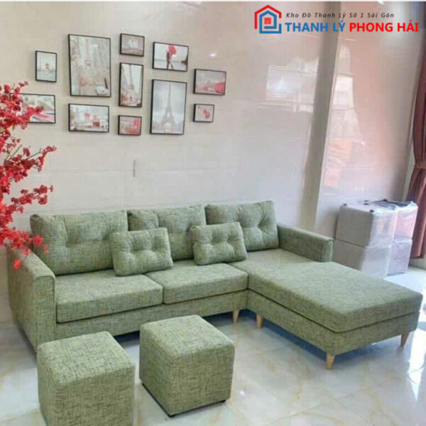 Thanh Lý Bộ Sofa Chữ L Bọc Vải Xanh Mới 99% 3