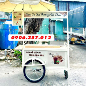Xe đẩy bán cafe khung sắt mặt gỗ