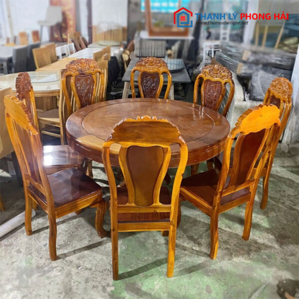 Bộ Bàn Ăn Tròn Gỗ Đỏ 1m36 Ghế Gỗ Tràm Cũ