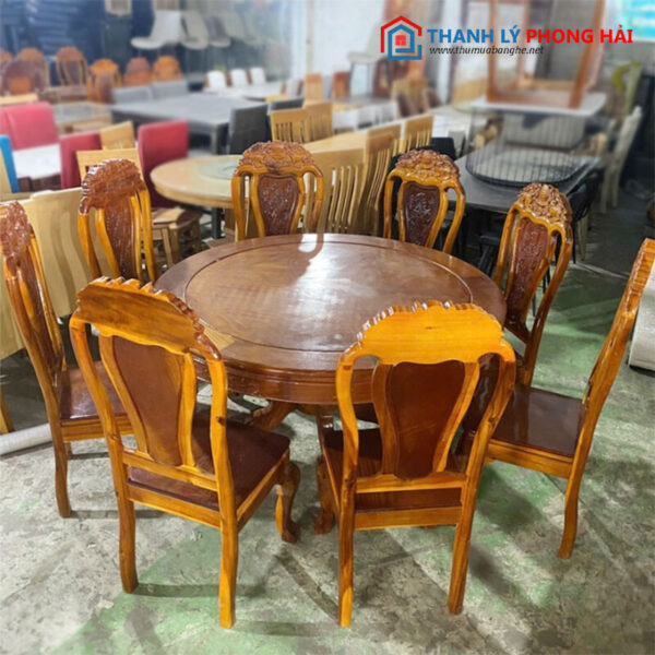 Bộ Bàn Ăn Tròn Gỗ Đỏ 1m36 Ghế Gỗ Tràm Cũ