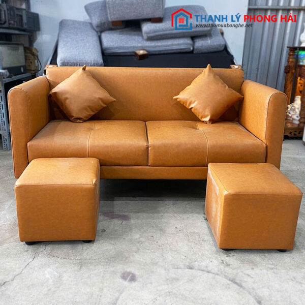 Thanh Lý Bộ Sofa Da Nâu Bò Kèm Đôn Ngồi Mới 99%