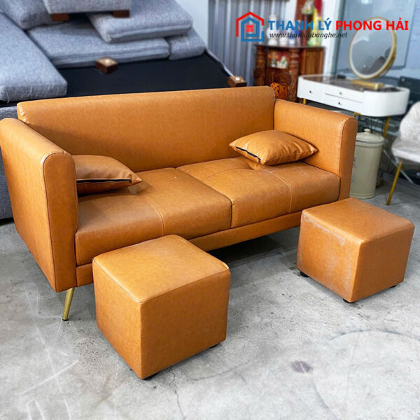 Thanh Lý Bộ Sofa Da Nâu Bò Kèm Đôn Ngồi Mới 99%
