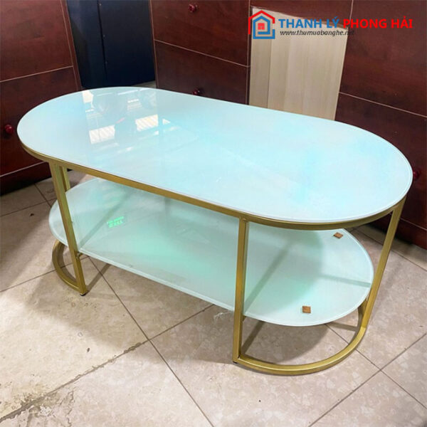 Thanh Lý Bàn Sofa Oval Mặt Kính Màu Xanh Ngọc Mới 99%