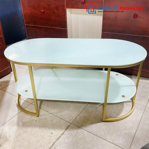 Thanh Lý Bàn Sofa Oval Mặt Kính Màu Xanh Ngọc Mới 99%