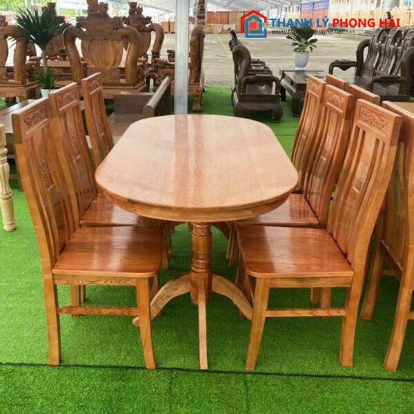 Thanh Lý Bộ Bàn Ăn Gỗ Sồi 6 Ghế Mặt Oval Mới 99%