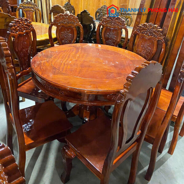Thanh Lý Bộ Bàn Ăn Tròn Gỗ Tràm 6 Ghế Mới 99%