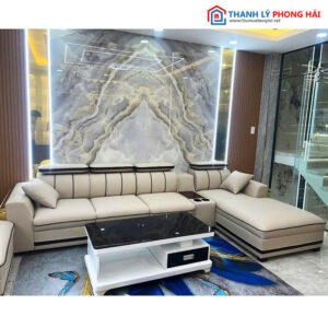 Thanh Lý Bộ Sofa Góc L Màu Kem 3m2 Kèm Bàn Và Đôn Mới 99%