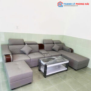 Thanh Lý Bộ Sofa Góc L Xám 3m2 Kèm Bàn Và Đôn Mới 99%