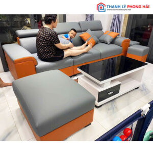 Thanh Lý Sofa Xám Phối Cam 2m2 Kèm Bàn Kính Hiện Đại Mới 99%