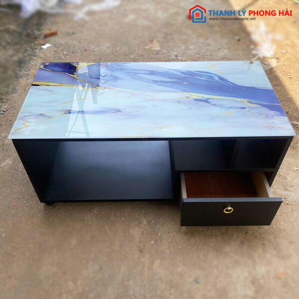 Thanh Lý Bàn Sofa 1m Mặt Kính Vân Đá Xanh Trắng Mới 99%