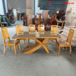 Bộ Bàn Ăn Gỗ Sồi 1m6 Chân Chữ K Mới 99%