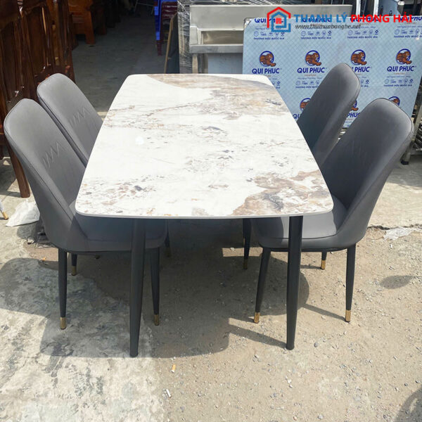 Bộ Bàn Ăn Mặt Đá 1m4 Kèm 4 Ghế Da Mới 99%