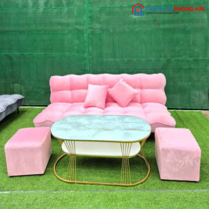 Sofa Bed Bọc Nhung Hồng Kèm Bàn Trà Mới 99% (Nhiều Mẫu)