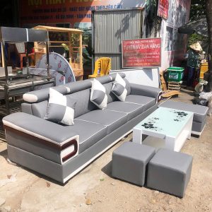 Bộ Sofa Da 2m9 Cao Cấp Màu Xám Mới 99%