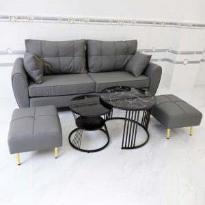 Bộ Sofa Da Màu Xám Kèm 2 Đôn Vuông Và Bàn Trà Mới 99%