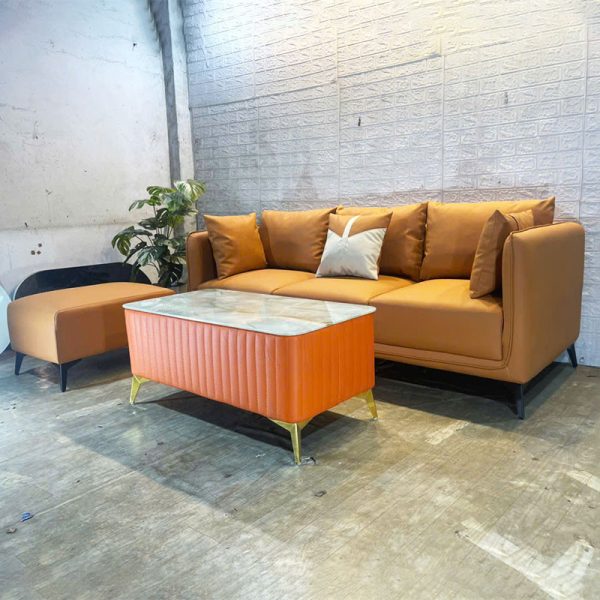 Sofa Da Màu Cam Hiện Đại Kèm Bàn Trà Mặt Đá Mới 99%