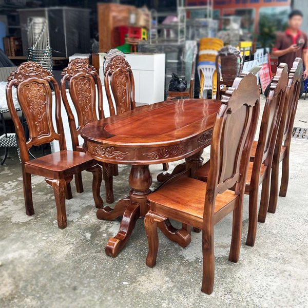 Bộ Bàn Ăn Gỗ Tự Nhiên 6 Ghế 1m58 Mới 99%