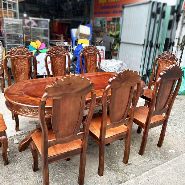 Bộ Bàn Ăn Mặt Oval 1m9 Gỗ Tự Nhiên 8 Ghế Mới 99%