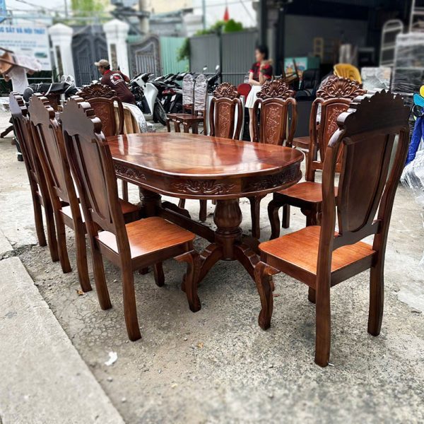 Bộ Bàn Ăn Mặt Oval 1m9 Gỗ Tự Nhiên 8 Ghế Mới 99%