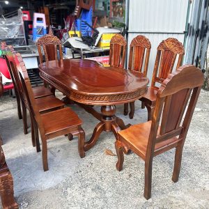 Bộ Bàn Ăn Oval Kèm 8 Ghế Gỗ Tự Nhiên Mới 99%