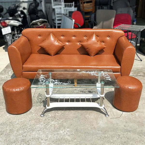 Bộ Sofa Da Màu Da Bò Kèm Bàn Trà Kim Cương Mới 99%