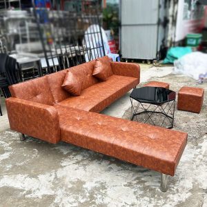 Sofa Bed Góc L Màu Nâu Bọc Da Simili Mới 99%