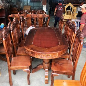 Bộ Bàn Ăn Gỗ Tràm 1m95 Kèm 8 Ghế Mã Đáo Thành Công Mới 99%