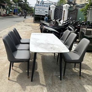 Bộ Bàn Ăn Kèm 6 Ghế Da Mặt Vân Mây Mới 99%