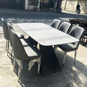 Bộ Bàn Ăn 6 Ghế Xám Mặt Vân Đá Mới 99%