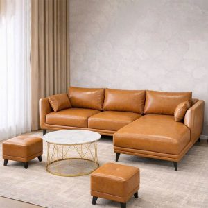 Bộ Sofa Da Góc L Kèm Bàn Trà Và Hai Đôn Mới 99% (Nhiều Màu)