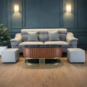 Bộ Sofa Da Kèm 2 Đôn Vuông Và Bàn Trà Oval Mới 99%