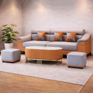 Bộ Sofa Da Kèm 2 Đôn Vuông Và Bàn Trà Oval Mới 99%